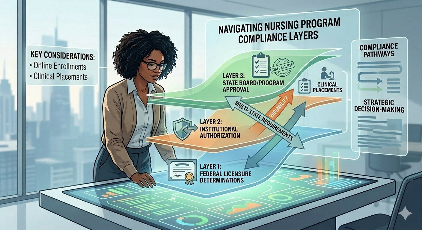 An infographic titled "Navigating Nursing Program Compliance Layers" featuring a professional woman analyzing a digital interface. The graphic illustrates three distinct regulatory levels: Layer 1 for Federal Licensure Determinations, Layer 2 for Institutional Authorization, and Layer 3 for State Board/Program Approval. Floating panels highlight key considerations such as online enrollments and clinical placements, emphasizing the complexity and variability of multi-state requirements.