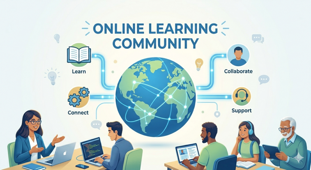 A clean, flat-style illustration featuring a glowing globe at the center with networking lines. Surrounding the globe are icons for "Learn" (a book), "Collaborate" (a person), "Connect" (gears), and "Support" (a headset). At the bottom, a diverse group of people are shown using laptops and tablets, while the text "ONLINE LEARNING COMMUNITY" is displayed at the top in a bold, blue font.