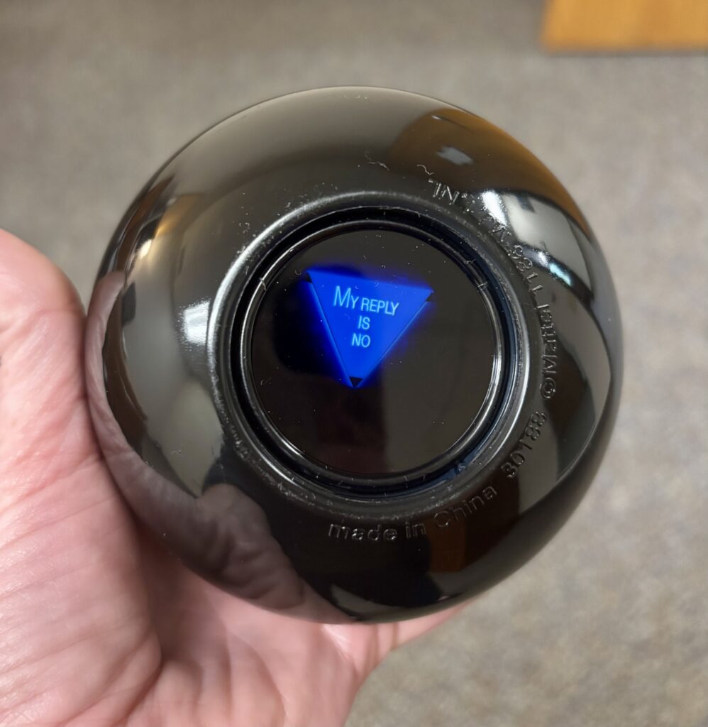 The author's actual magic 8 ball that displays "my answer is no"